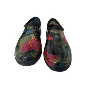 Sloggers Garden Shoes Womens 8 Black Floral Butterfly Waterproof Clogs Excellent